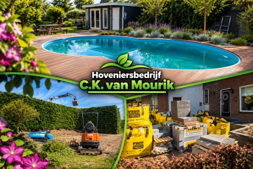 Aangelegde tuin met bestrating en een gemetselde plantenbak