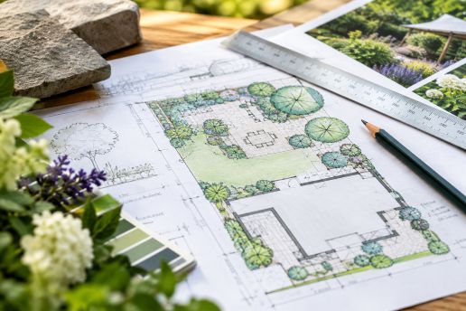 Tuinontwerp op papier met potlood, rolmaat en beplanting