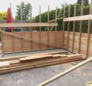 Tuinhuis in aanbouw: Houtskelet word eerst opgebouwd. - Hoveniersbedrijf C.K. van Mourik de hovenier voor West Betuwe, Tiel, Culemborg, Geldermalsen, Buren