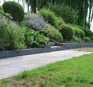 Trap en keermuur gemaakt van betonstenen 20 x 30 en tegels 80x40. Hoveniersbedrijf C. K. van Mourik