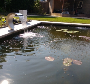 Vijver met waterval, slimmer, filtersysteem en vijverplanten. Hoveniersbedrijf C.K. van Mourik