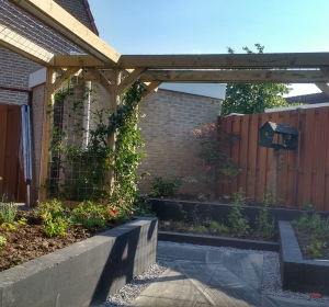 Tuinieren op hoogte met verhoogde borders en pergola. Hoveniersbedrijf C.K. van Mourik Geldermalsen - Tiel - Culemborg