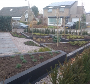 Voortuin met nivo-verschillen Hoveniersbedrijf C.K. van Mourik Geldermalsen - Tiel - Culemborg